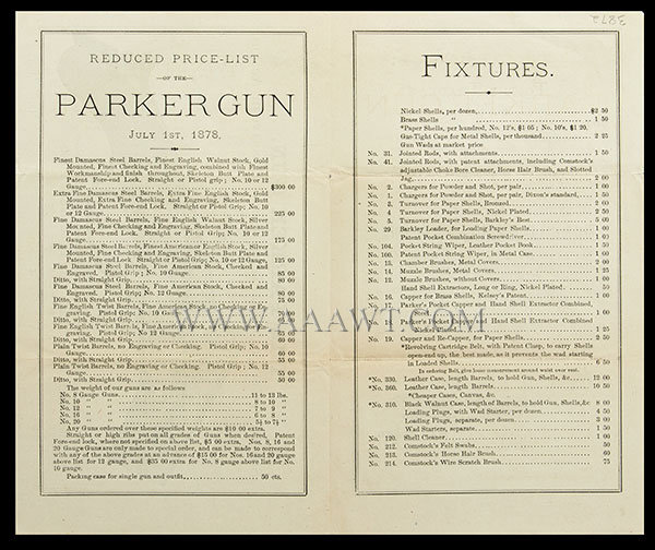 Parker Gun Four Page Fold over Promotion and Price List, Parker Shotguns  